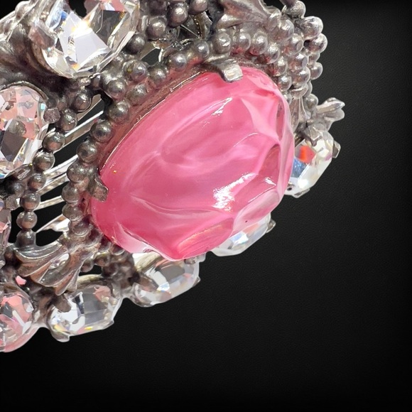 Vintage Clear Glass Stone & Pink Acrylic Cabochon Pot-metal Comb (Former Clip) - Picture 5 of 10